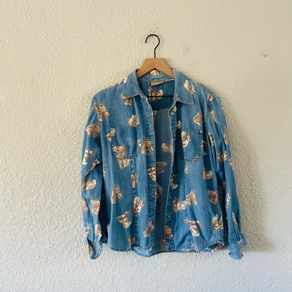 Vintage Tops - Liz Claiborne Chambray Button Up Horse Print Shirt